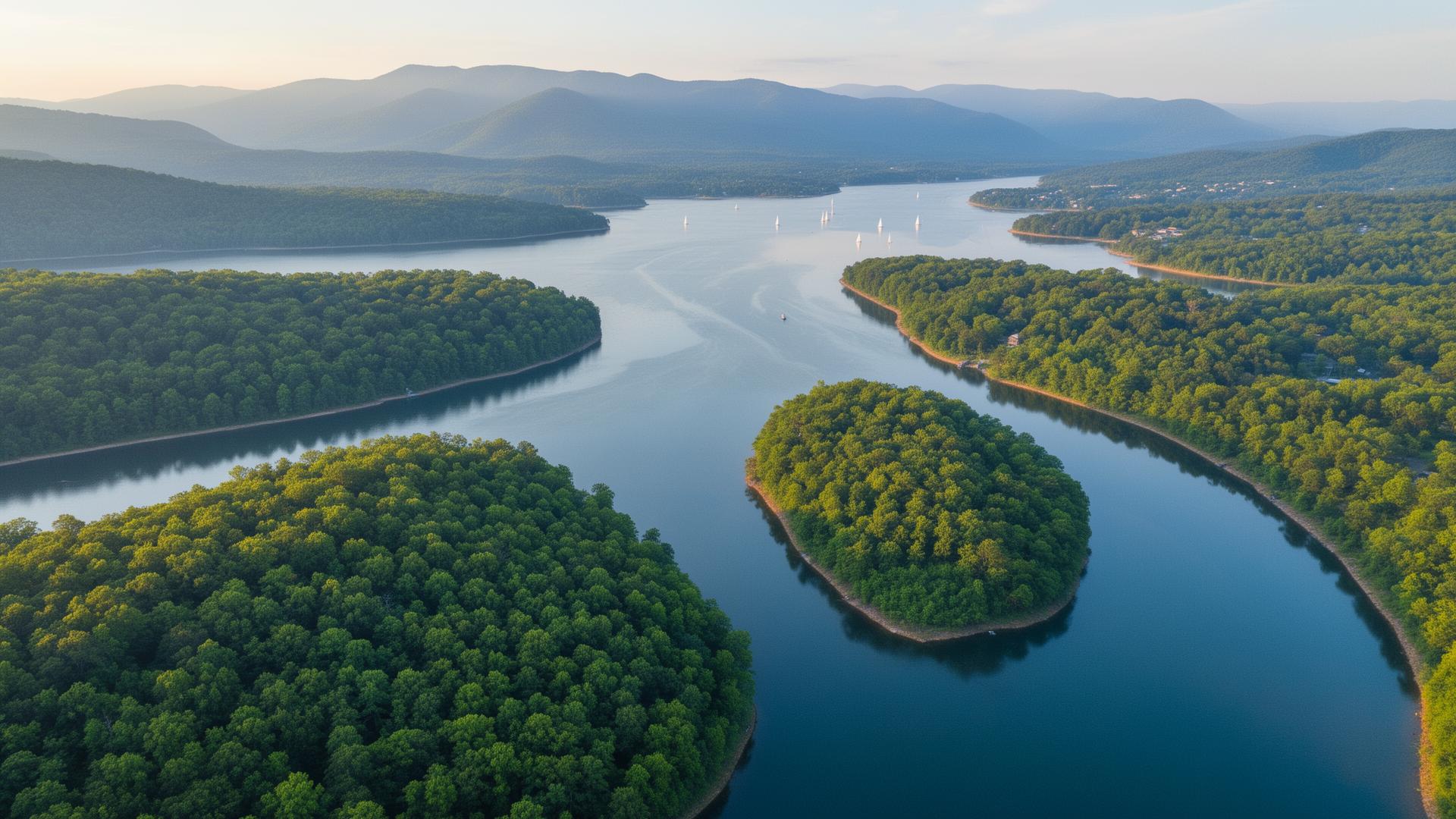 Aerial view of Fort Loudoun Lake winding through East Tennessee near Louisville