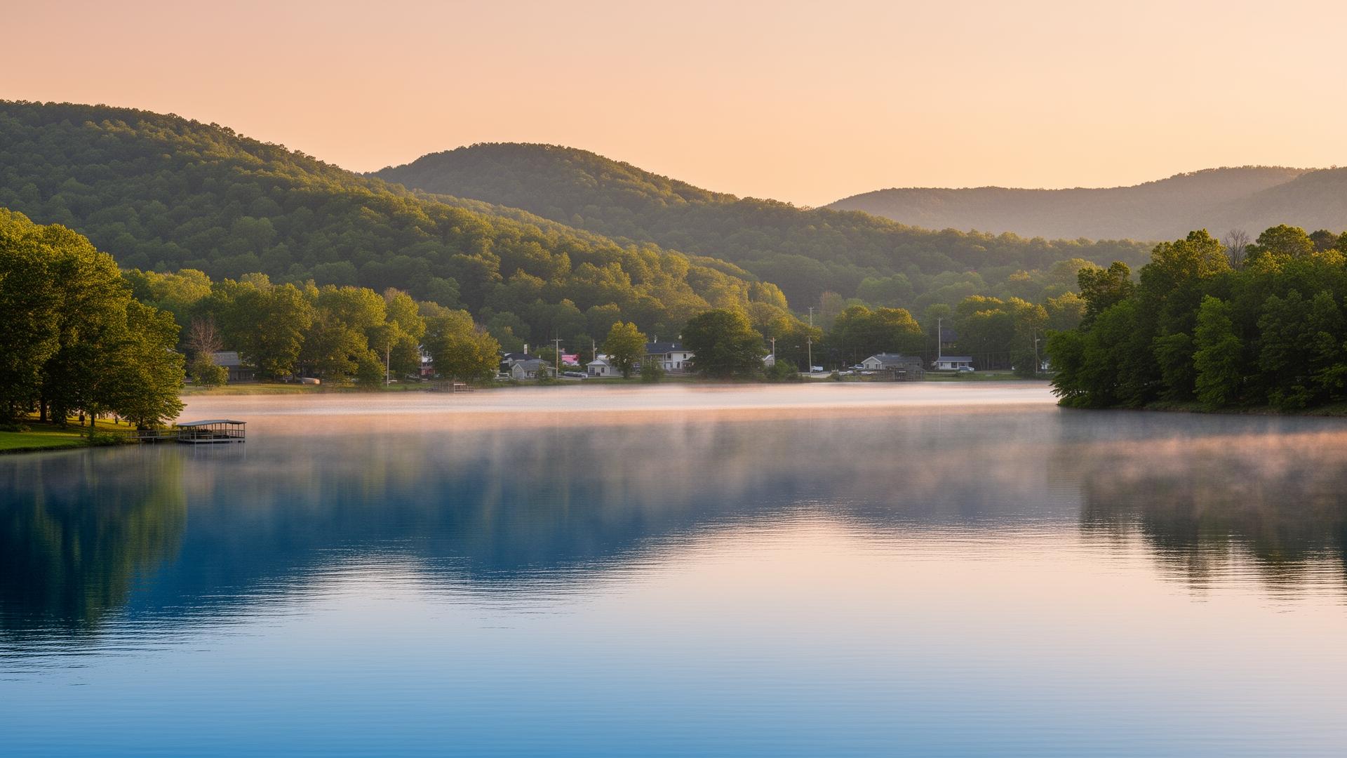 Sunrise over Fort Loudoun Lake in Louisville, Tennessee with the East Tennessee foothills rising in the distance