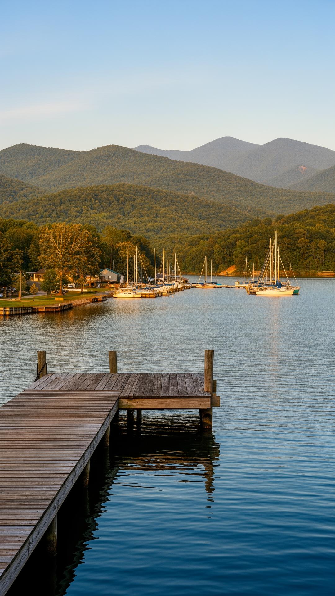 Fort Loudoun Lake marina at golden hour in Louisville, Tennessee, with sailboats and the Smoky Mountain foothills in the distance