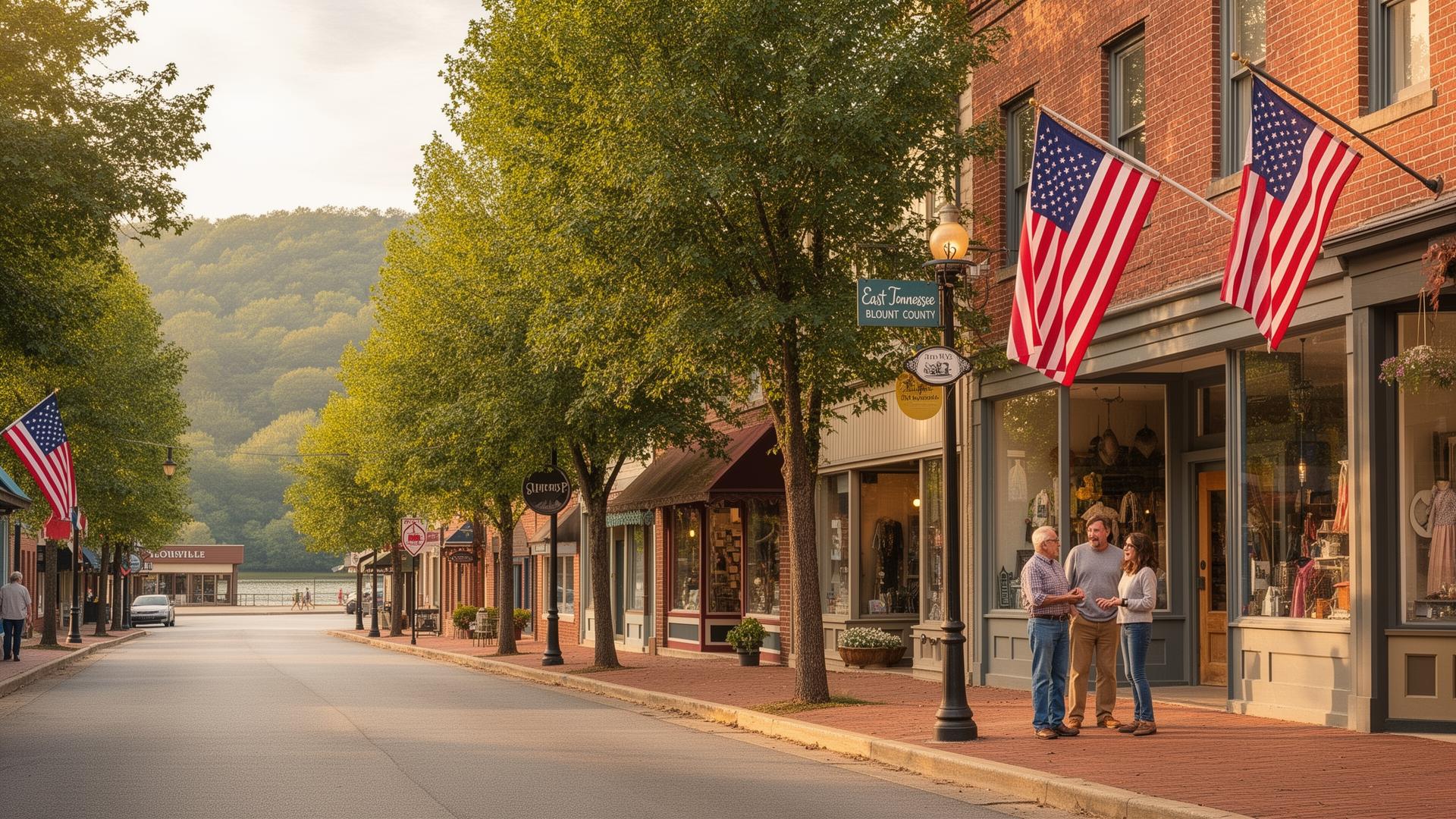 Downtown street in Louisville, Tennessee with locally owned shops near Fort Loudoun Lake